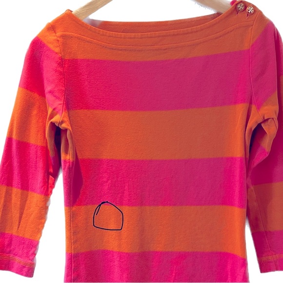 Tory Burch Bright Pink/Orange Striped Boatneck Top, logo on hip and buttons, S - Picture 6 of 6